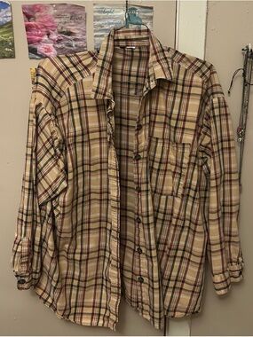 H&M Beige Plaid Button-Down Shirt with Brown and Black Stripes